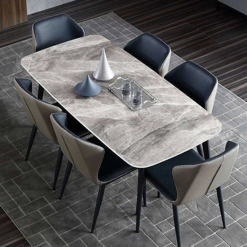 Contemporary Stone Rectangular Dining Table with 4 Steel Foot Grey Without Chairs Clearhalo 'Dining Tables & Seating' 'Dining Tables' 'dining_table' 'furn' 'furn_dining_table' 'Furniture' 'Kitchen & Dining Furniture' 7807786