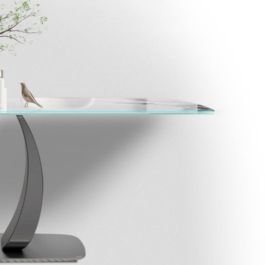 Rectangular Stone Top Dining Table Double Pedestal Metal Base for Living Room