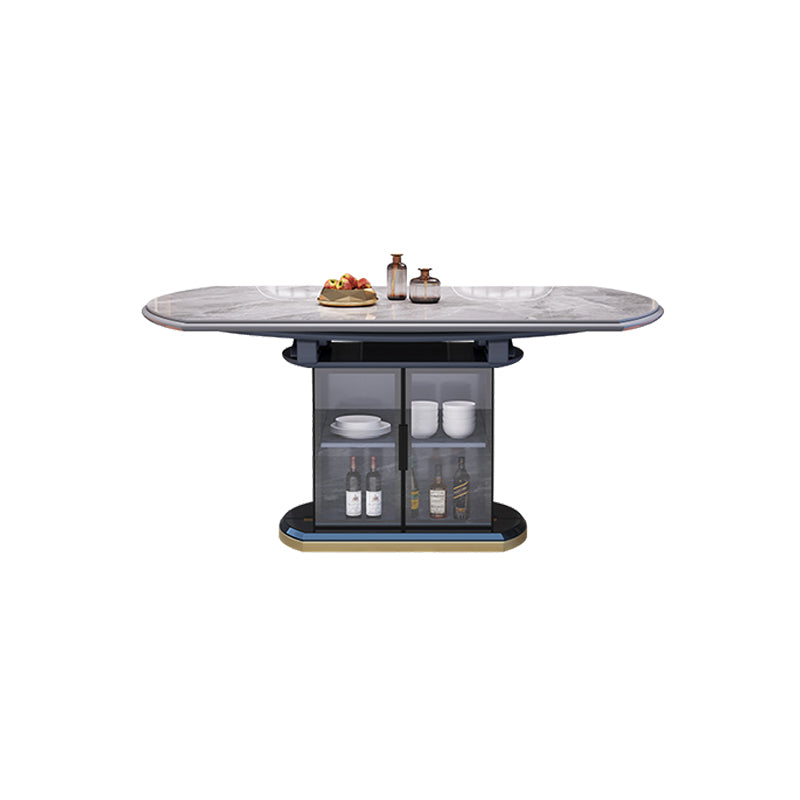Modern Round Stone Top Dining Table Double Pedestal Metal Base in Grey