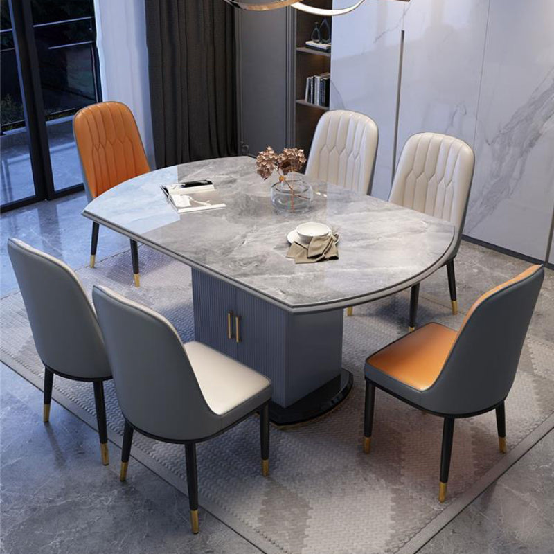 Modern Round Stone Top Dining Table Double Pedestal Metal Base in Grey