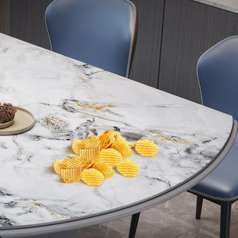 Modern Round Stone Top Dining Table Double Pedestal Metal Base in Grey