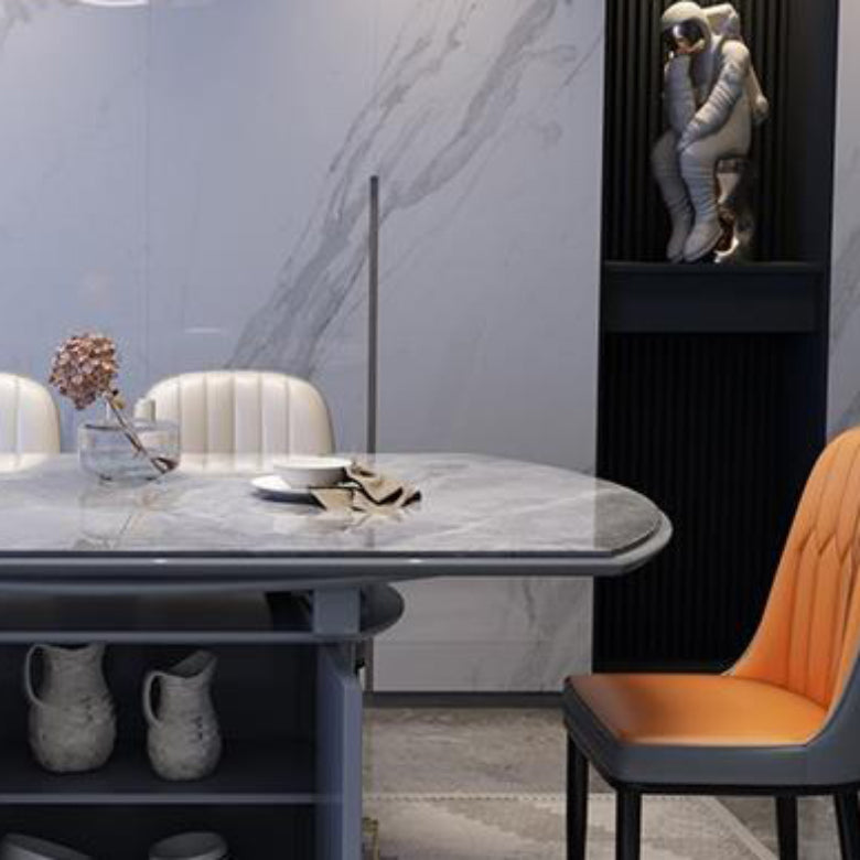 Modern Round Stone Top Dining Table Double Pedestal Metal Base in Grey