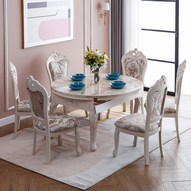 Round Faux Marble 4 Legs Dining Site Table in White with Drop-Leaf Clearhalo 'Dining Tables & Seating' 'Dining Tables' 'dining_table' 'furn' 'furn_dining_table' 'Furniture' 'Kitchen & Dining Furniture' 7807897