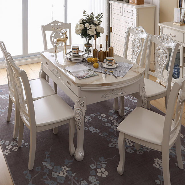 Round Faux Marble 4 Legs Dining Site Table in White with Drop-Leaf Clearhalo 'Dining Tables & Seating' 'Dining Tables' 'dining_table' 'furn' 'furn_dining_table' 'Furniture' 'Kitchen & Dining Furniture' 7807905