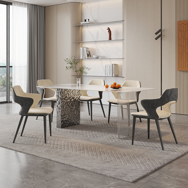 Rectangular Dining Table Grey Stone Table Top Double Pedestal Metal Base Clearhalo 'Dining Tables & Seating' 'Dining Tables' 'dining_table' 'furn' 'furn_dining_table' 'Furniture' 'Kitchen & Dining Furniture' 7807909