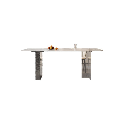 Rectangular Dining Table Grey Stone Table Top Double Pedestal Metal Base Without Chairs Clearhalo 'Dining Tables & Seating' 'Dining Tables' 'dining_table' 'furn' 'furn_dining_table' 'Furniture' 'Kitchen & Dining Furniture' 7807910