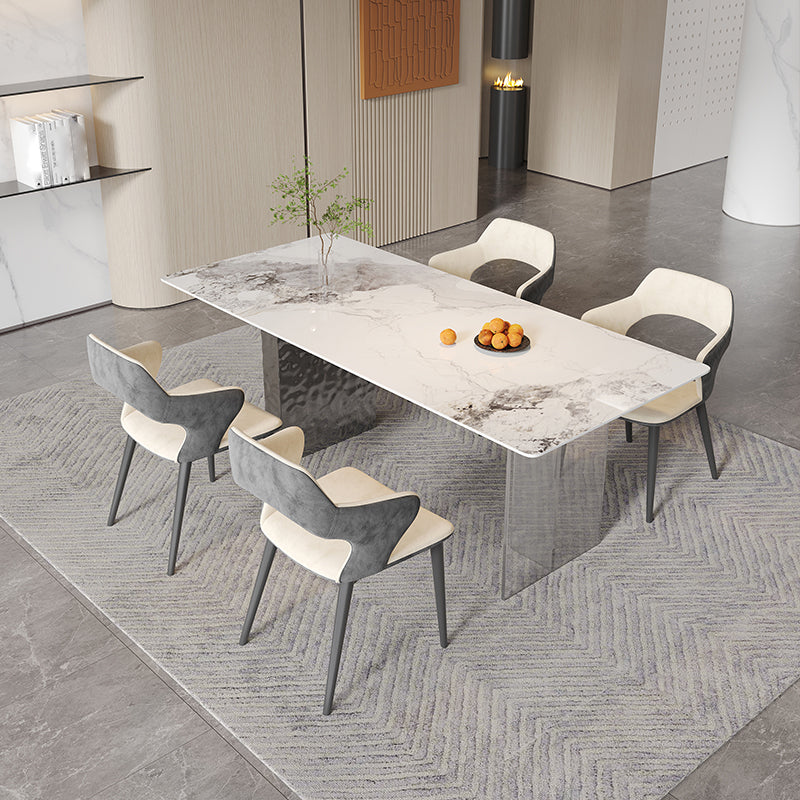 Rectangular Dining Table Grey Stone Table Top Double Pedestal Metal Base Clearhalo 'Dining Tables & Seating' 'Dining Tables' 'dining_table' 'furn' 'furn_dining_table' 'Furniture' 'Kitchen & Dining Furniture' 7807912