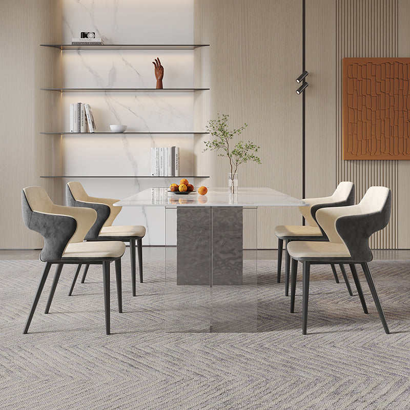 Rectangular Dining Table Grey Stone Table Top Double Pedestal Metal Base Clearhalo 'Dining Tables & Seating' 'Dining Tables' 'dining_table' 'furn' 'furn_dining_table' 'Furniture' 'Kitchen & Dining Furniture' 7807913