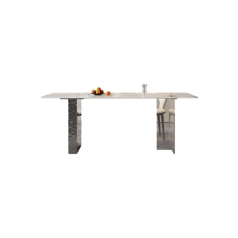 Rectangular Dining Table Grey Stone Table Top Double Pedestal Metal Base Clearhalo 'Dining Tables & Seating' 'Dining Tables' 'dining_table' 'furn' 'furn_dining_table' 'Furniture' 'Kitchen & Dining Furniture' 7807914