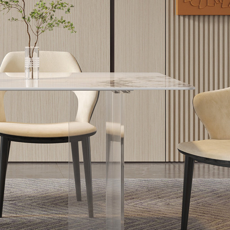 Rectangular Dining Table Grey Stone Table Top Double Pedestal Metal Base Clearhalo 'Dining Tables & Seating' 'Dining Tables' 'dining_table' 'furn' 'furn_dining_table' 'Furniture' 'Kitchen & Dining Furniture' 7807918