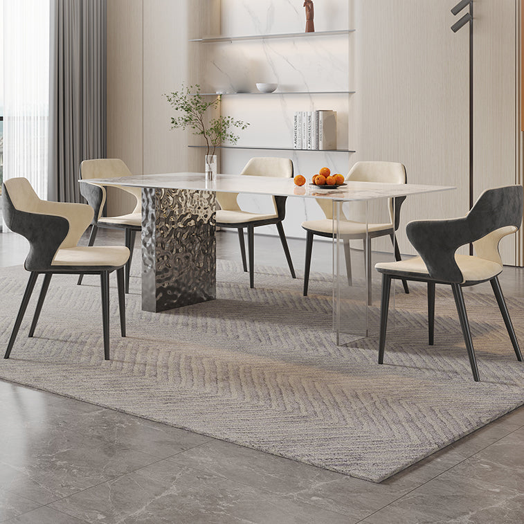 Rectangular Dining Table Grey Stone Table Top Double Pedestal Metal Base Clearhalo 'Dining Tables & Seating' 'Dining Tables' 'dining_table' 'furn' 'furn_dining_table' 'Furniture' 'Kitchen & Dining Furniture' 7807919