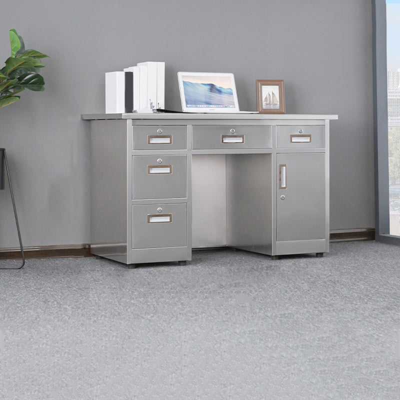 Rectangular Shaped Silver Office Desk with 3/5 Drawers for Office 55.1"L x 23.6"W x 29.5"H 5 1 Clearhalo 'furn' 'furn_office_desk' 'Furniture' 'Office Desks' 'Office Furniture' 'office_desk' 7808698