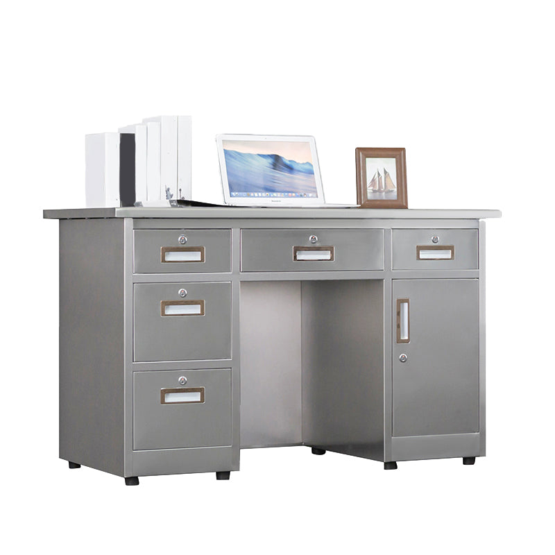 Rectangular Shaped Silver Office Desk with 3/5 Drawers for Office Clearhalo 'furn' 'furn_office_desk' 'Furniture' 'Office Desks' 'Office Furniture' 'office_desk' 7808704