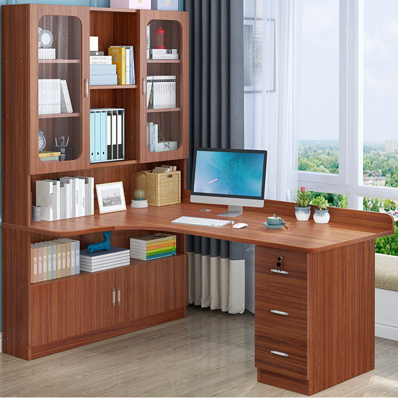 Irregular Shaped Office Laptop Table Wood Writing Desk with 3-Drawers for Home Nut-Brown Clearhalo 'furn' 'furn_office_desk' 'Furniture' 'Office Desks' 'Office Furniture' 'office_desk' 7808881