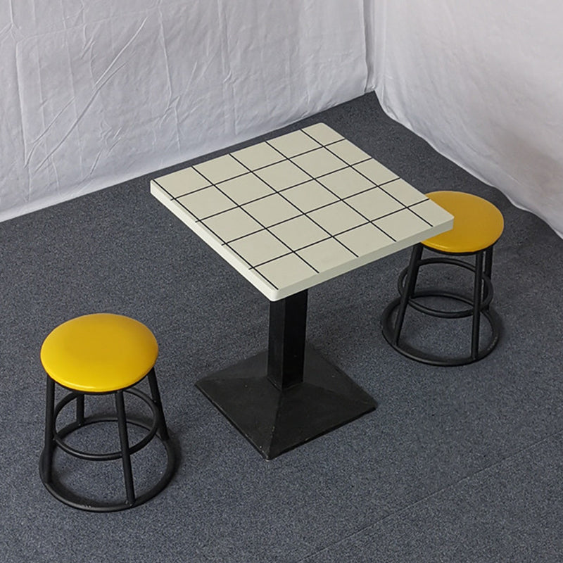 Modern Manufactured Wood Top Black Metal Pedestal Dining Table Black White 23.6"L x 23.6"W x 29.5"H Without Chairs Clearhalo 'Dining Tables & Seating' 'Dining Tables' 'dining_table' 'furn' 'furn_dining_table' 'Furniture' 'Kitchen & Dining Furniture' 7815262