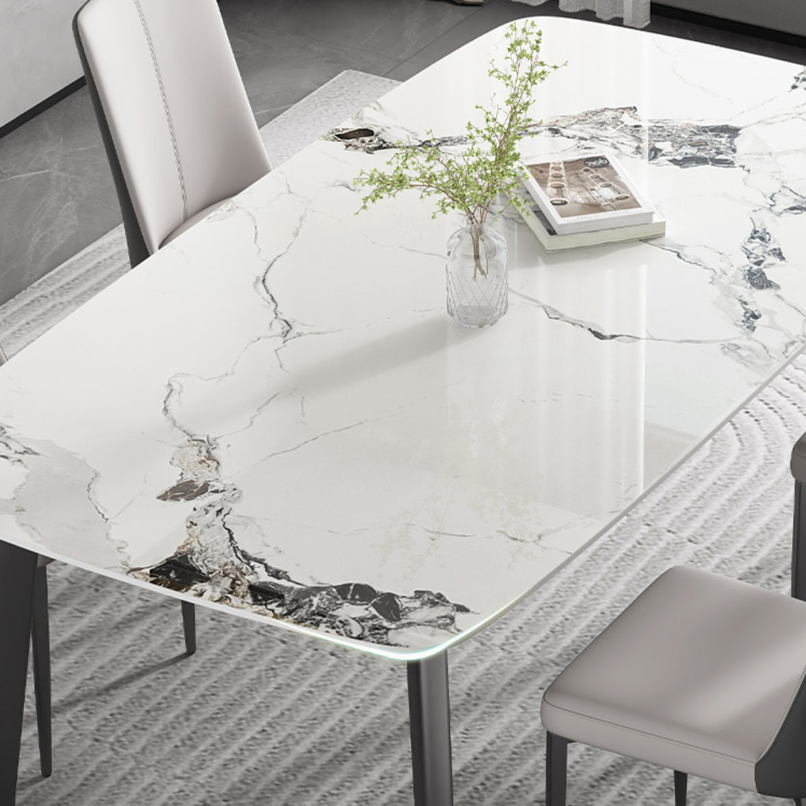 White Modern Rectangular Stone Dining Table with Stainless Steel Base Clearhalo 'Dining Tables & Seating' 'Dining Tables' 'dining_table' 'furn' 'furn_dining_table' 'Furniture' 'Kitchen & Dining Furniture' 7815318