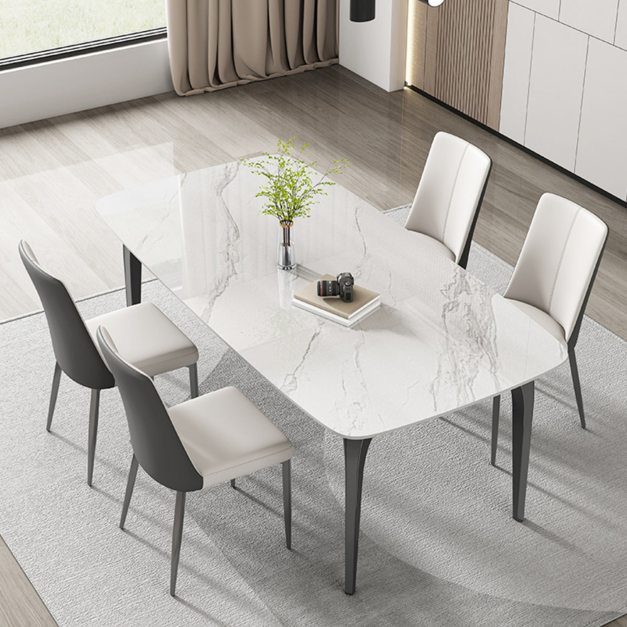 Tavolo da pranzo moderno rettangolare in pietra bianca con 4 gambe
