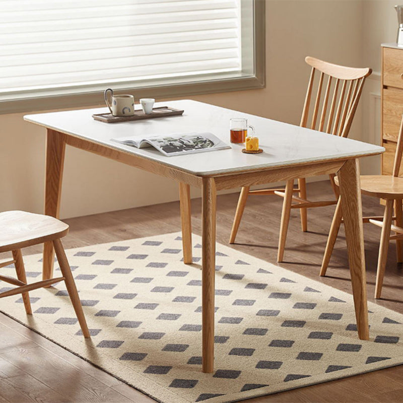 Modern Rectangular White Stone Top Dining Table with 4 Natural Oak Legs Clearhalo 'Dining Tables & Seating' 'Dining Tables' 'dining_table' 'furn' 'furn_dining_table' 'Furniture' 'Kitchen & Dining Furniture' 7815385