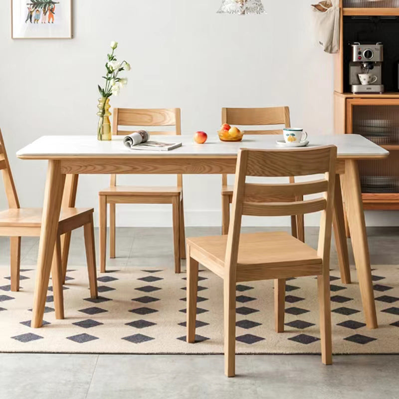 Modern Rectangular White Stone Top Dining Table with 4 Natural Oak Legs Clearhalo 'Dining Tables & Seating' 'Dining Tables' 'dining_table' 'furn' 'furn_dining_table' 'Furniture' 'Kitchen & Dining Furniture' 7815386