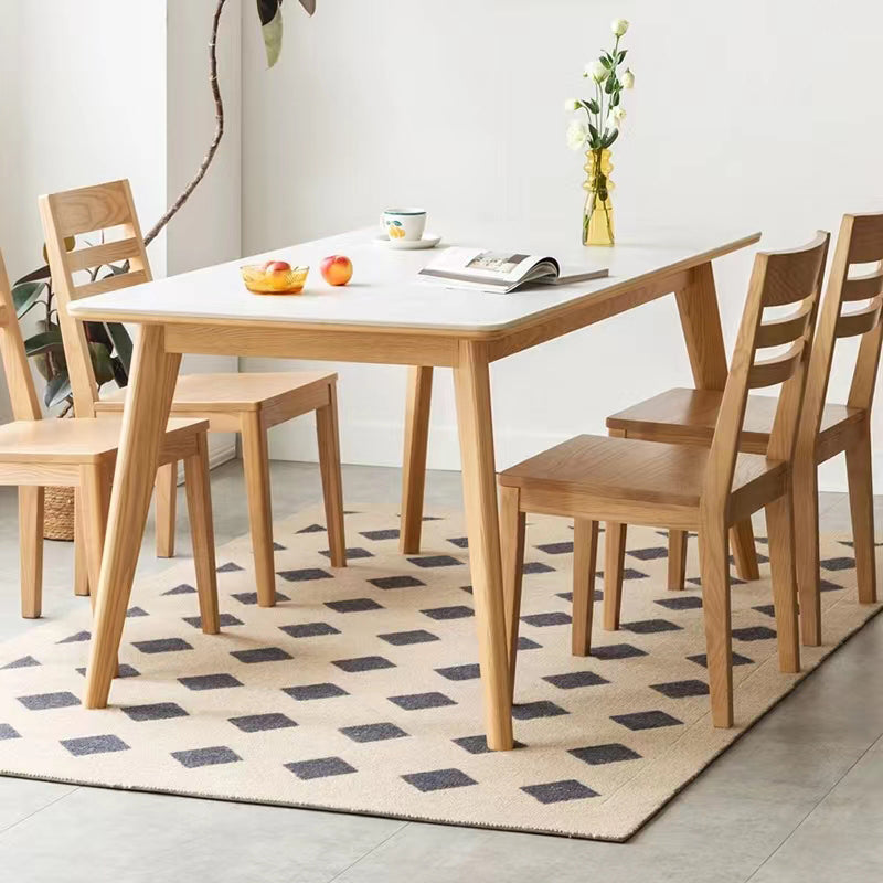 Modern Rectangular White Stone Top Dining Table with 4 Natural Oak Legs Without Chairs Clearhalo 'Dining Tables & Seating' 'Dining Tables' 'dining_table' 'furn' 'furn_dining_table' 'Furniture' 'Kitchen & Dining Furniture' 7815387