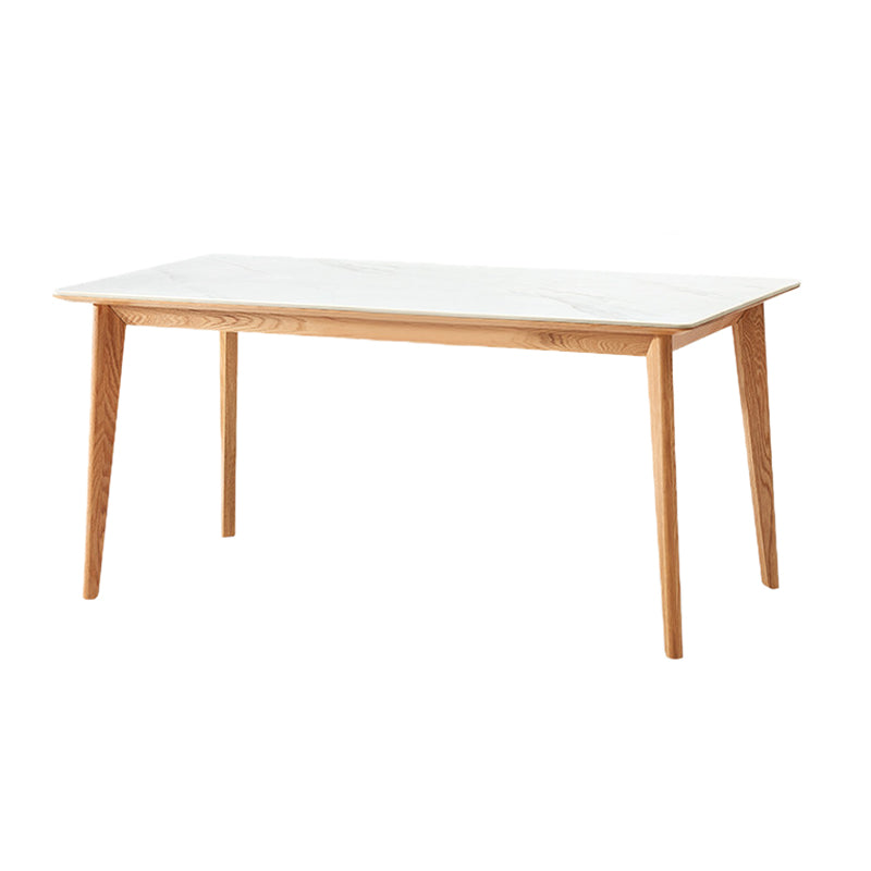 Modern Rectangular White Stone Top Dining Table with 4 Natural Oak Legs 63"L x 33.5"W x 29.5"H Without Chairs Clearhalo 'Dining Tables & Seating' 'Dining Tables' 'dining_table' 'furn' 'furn_dining_table' 'Furniture' 'Kitchen & Dining Furniture' 7815389