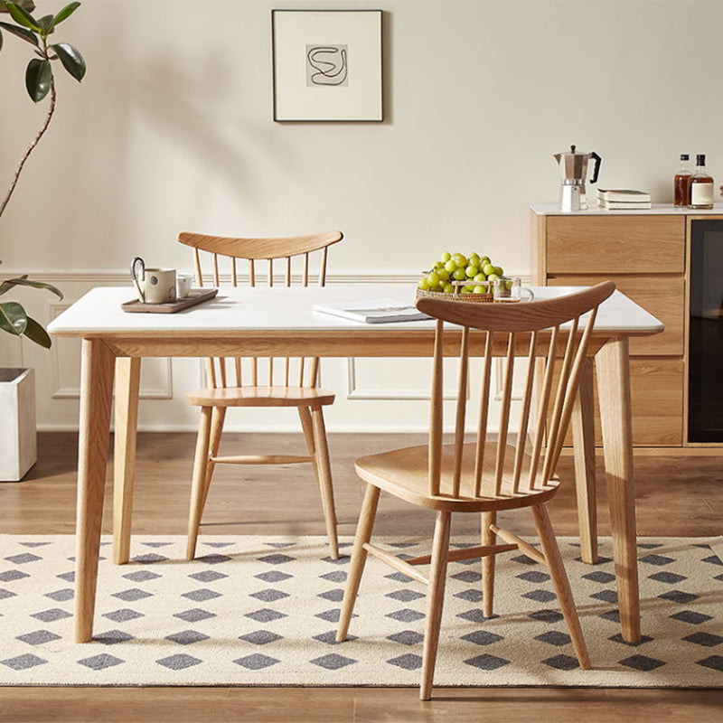Modern Rectangular White Stone Top Dining Table with 4 Natural Oak Legs Clearhalo 'Dining Tables & Seating' 'Dining Tables' 'dining_table' 'furn' 'furn_dining_table' 'Furniture' 'Kitchen & Dining Furniture' 7815393