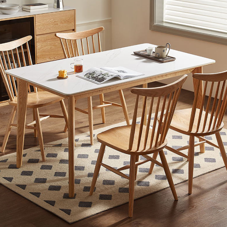 Modern Rectangular White Stone Top Dining Table with 4 Natural Oak Legs Clearhalo 'Dining Tables & Seating' 'Dining Tables' 'dining_table' 'furn' 'furn_dining_table' 'Furniture' 'Kitchen & Dining Furniture' 7815394