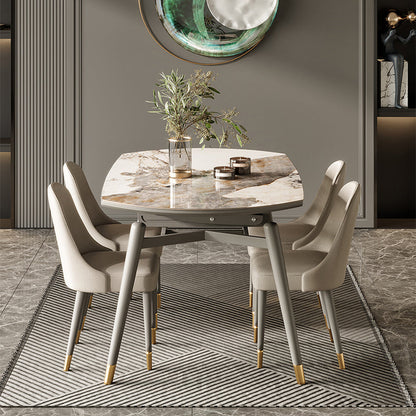 Luxury White Stone Top Dining Room Table with 4 Grey Oak Legs