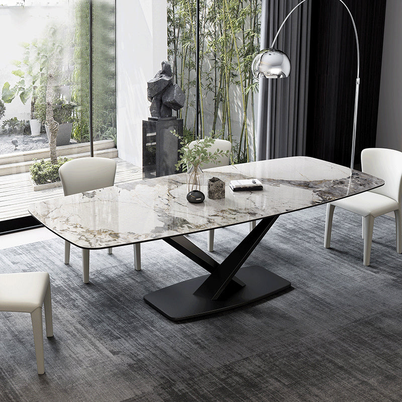 Tavolo da pranzo moderno rettangolare con piano bianco e base a X in metallo nero