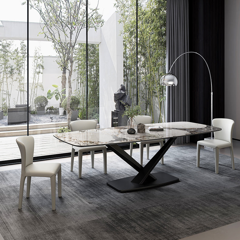 Tavolo da pranzo moderno rettangolare con piano bianco e base a X in metallo nero