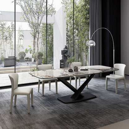 Tavolo da pranzo moderno rettangolare con piano bianco e base a X in metallo nero