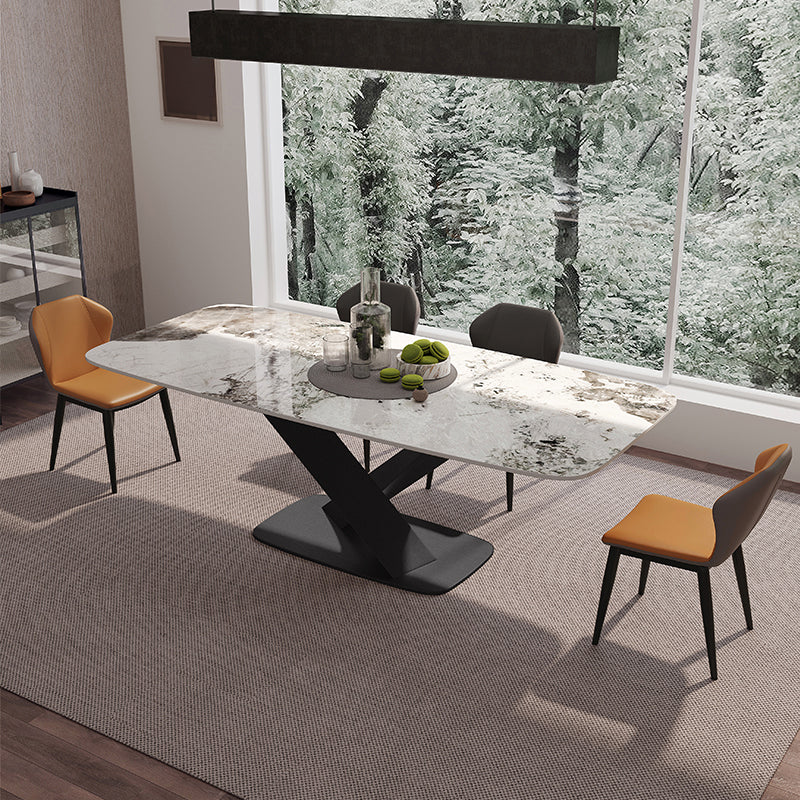 Tavolo da pranzo moderno rettangolare con piano bianco e base a X in metallo nero