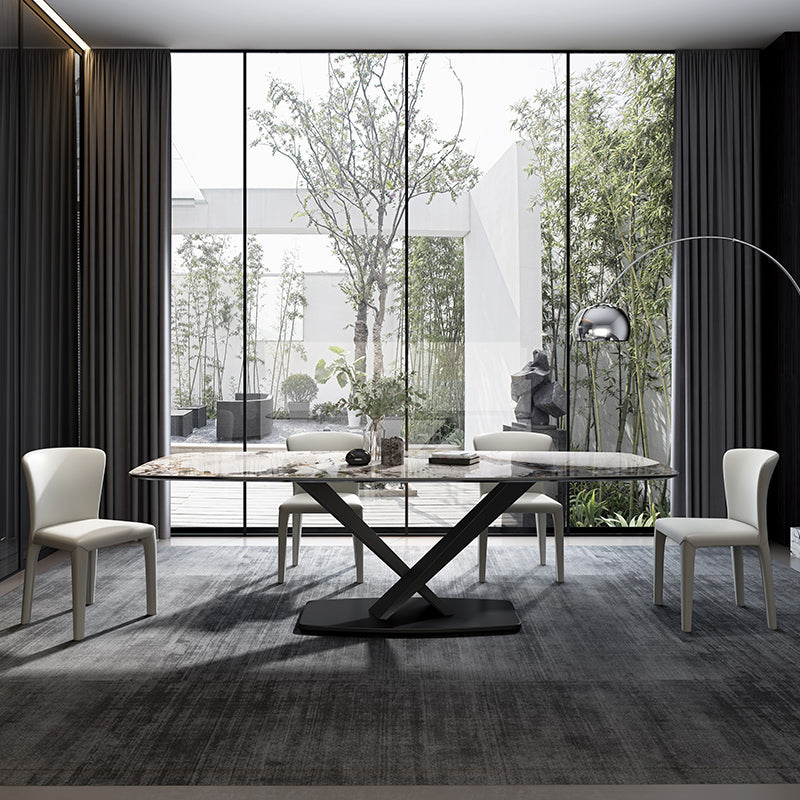 Tavolo da pranzo moderno rettangolare con piano bianco e base a X in metallo nero