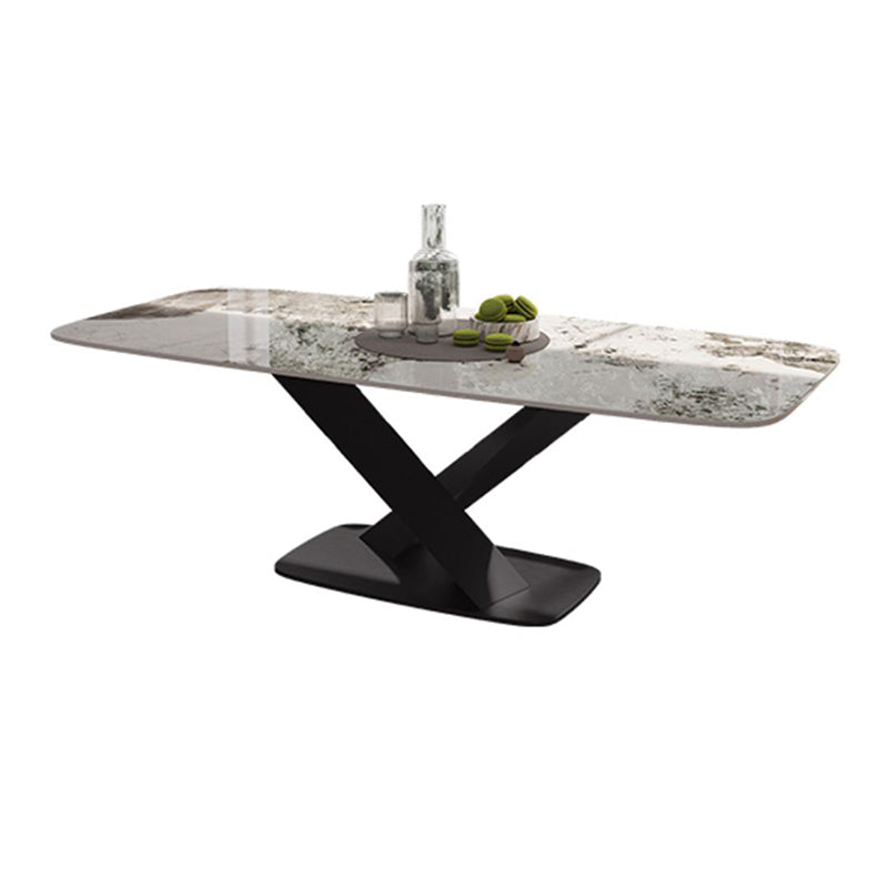 Tavolo da pranzo moderno rettangolare con piano bianco e base a X in metallo nero