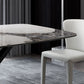 Tavolo da pranzo moderno rettangolare con piano bianco e base a X in metallo nero