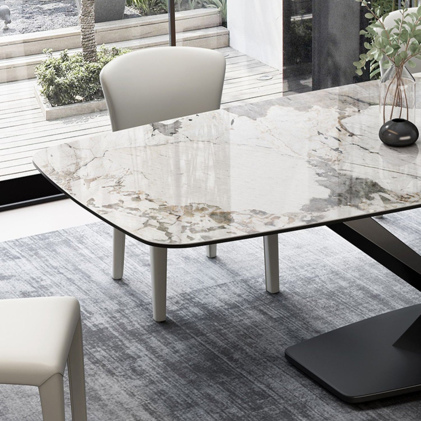 Tavolo da pranzo moderno rettangolare con piano bianco e base a X in metallo nero