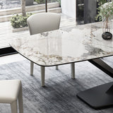 Tavolo da pranzo moderno rettangolare con piano bianco e base a X in metallo nero