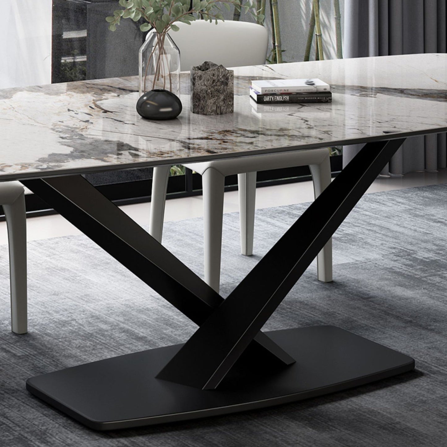 Tavolo da pranzo moderno rettangolare con piano bianco e base a X in metallo nero