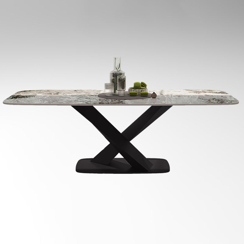 Tavolo da pranzo moderno rettangolare con piano bianco e base a X in metallo nero