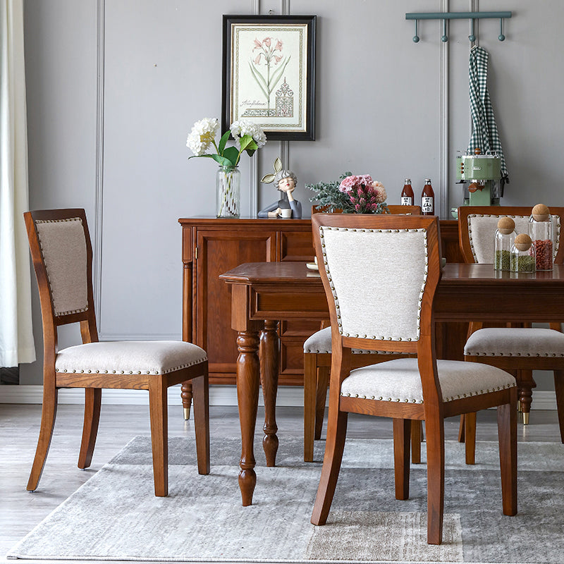 Moderne zijstoel gestoffeerde eetkamerstoelen met een houten basis voor eetkamer