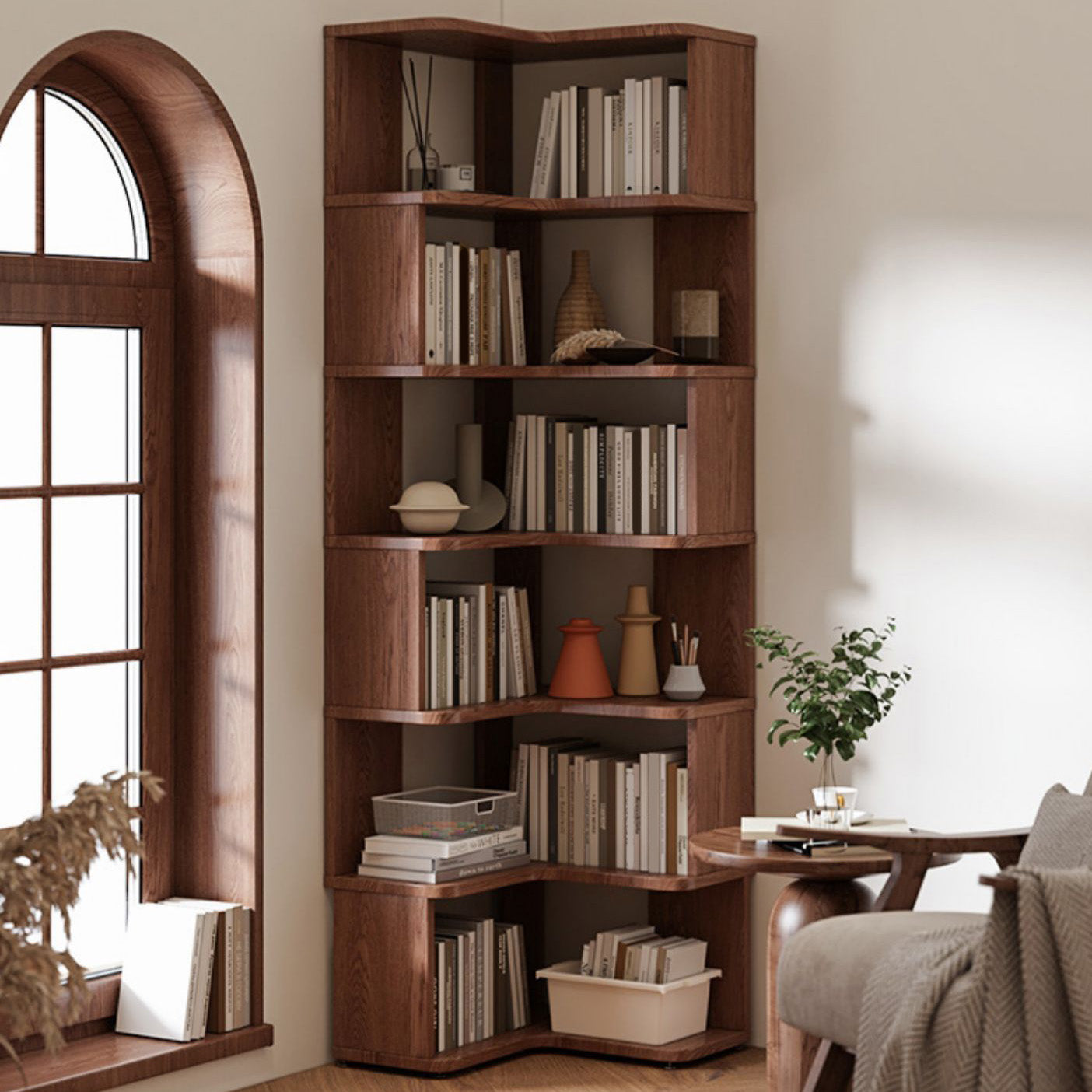Libreria scandinavana aperta con scaffali per l'home office