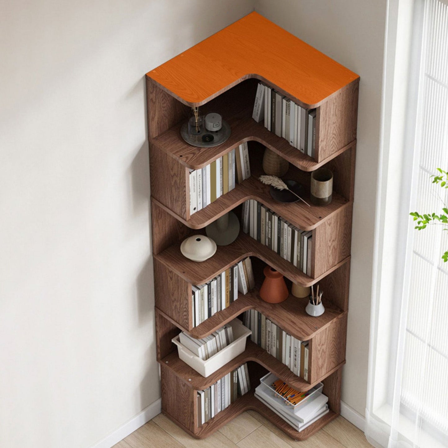 Libreria scandinavana aperta con scaffali per l'home office