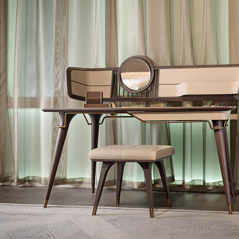 Traditional Brown With Stool Bedroom Mirror Vanity Dressing Table Clearhalo 'Bedroom Furniture' 'furn' 'furn_makeup_vanities' 'Furniture' 'Makeup Vanities' 'makeup_vanities' 7821658