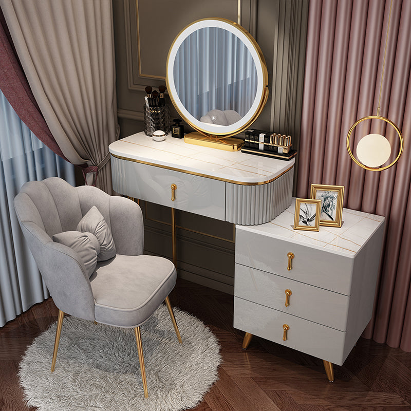 Bedroom Lighted Mirror With Drawer Wooden Glam Make-up Vanity Makeup Vanity & Mirror & Petal Chair 31"L x 16"W x 30"H White-Gold Clearhalo 'Bedroom Furniture' 'furn' 'furn_makeup_vanities' 'Furniture' 'Makeup Vanities' 'makeup_vanities' 7822430