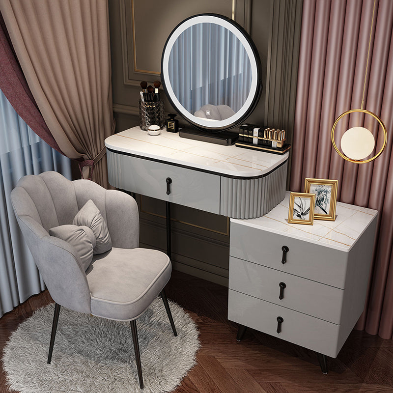 Bedroom Lighted Mirror With Drawer Wooden Glam Make-up Vanity Makeup Vanity & Mirror & Petal Chair 31"L x 16"W x 30"H White-Black Clearhalo 'Bedroom Furniture' 'furn' 'furn_makeup_vanities' 'Furniture' 'Makeup Vanities' 'makeup_vanities' 7822436