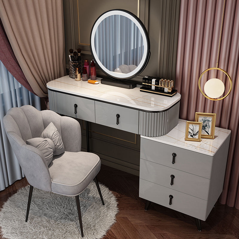 Bedroom Lighted Mirror With Drawer Wooden Glam Make-up Vanity Makeup Vanity & Mirror & Petal Chair 39.4"L x 15.7"W x 29.5"H White-Black Clearhalo 'Bedroom Furniture' 'furn' 'furn_makeup_vanities' 'Furniture' 'Makeup Vanities' 'makeup_vanities' 7822438