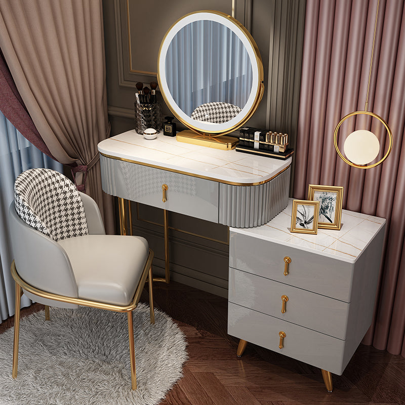 Bedroom Lighted Mirror With Drawer Wooden Glam Make-up Vanity Makeup Vanity & Mirror & Houndstooth Chair 31"L x 16"W x 30"H White-Gold Clearhalo 'Bedroom Furniture' 'furn' 'furn_makeup_vanities' 'Furniture' 'Makeup Vanities' 'makeup_vanities' 7822446