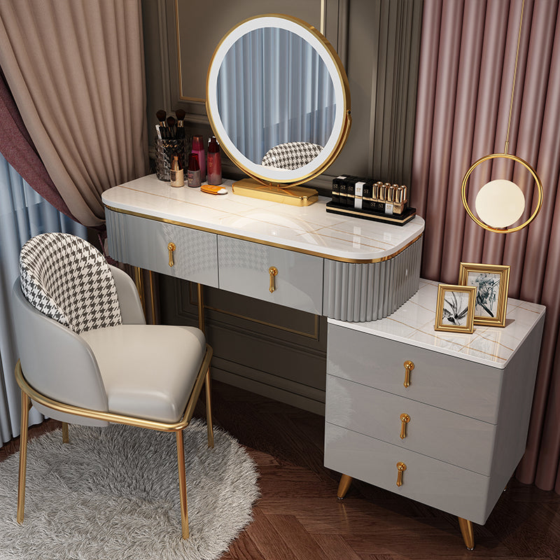 Bedroom Lighted Mirror With Drawer Wooden Glam Make-up Vanity Makeup Vanity & Mirror & Houndstooth Chair 39.4"L x 15.7"W x 29.5"H White-Gold Clearhalo 'Bedroom Furniture' 'furn' 'furn_makeup_vanities' 'Furniture' 'Makeup Vanities' 'makeup_vanities' 7822447