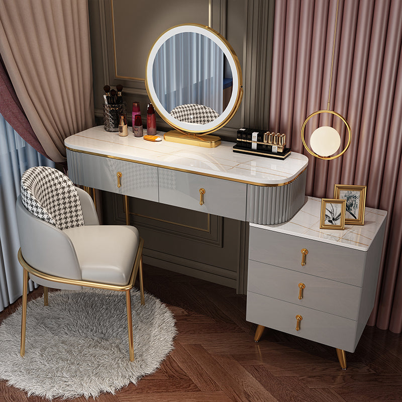 Bedroom Lighted Mirror With Drawer Wooden Glam Make-up Vanity Makeup Vanity & Mirror & Houndstooth Chair 47"L x 16"W x 30"H White-Gold Clearhalo 'Bedroom Furniture' 'furn' 'furn_makeup_vanities' 'Furniture' 'Makeup Vanities' 'makeup_vanities' 7822448