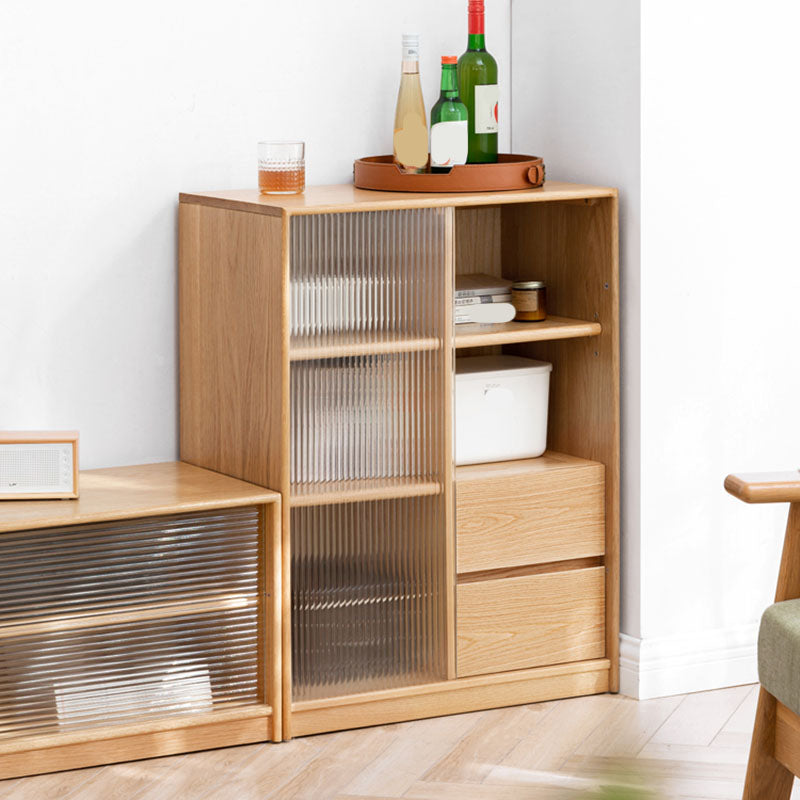 Natural Solid Wood Grooves Glass Paned Living Room Accent Cabinet with Shelves Clearhalo 'Cabinets & Chests' 'cabinets_chests' 'furn' 'furn_cabinets_chests' 'Furniture' 'Living Room Furniture' 7823343